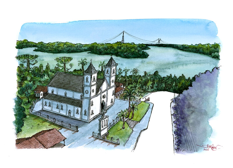 Estampa Igreja São Miguel — aquarela autoral