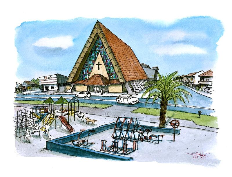 Estampa Praça da Bíblia — aquarela autoral